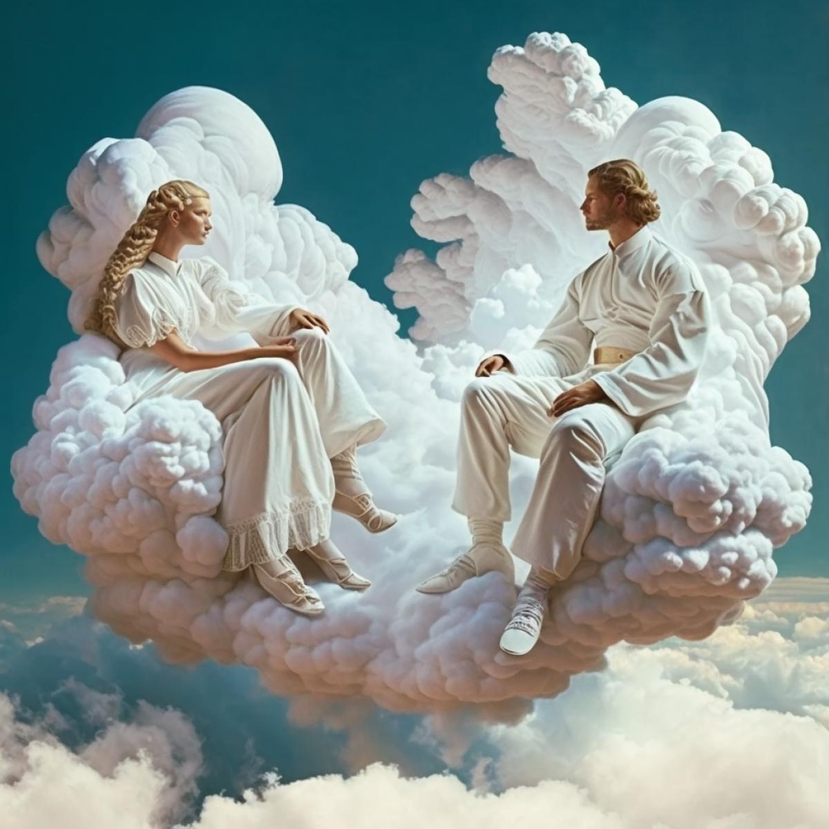 A man and a woman in white robes sit on a cloud with their legs dangling and holding hands.