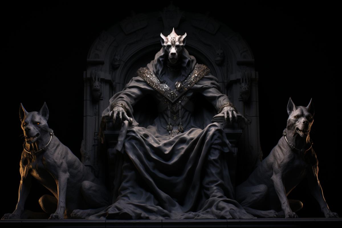 Hades in the realm of the dead, Cerberus sits next to Hades, brutality, afterlife, high quality, volumetric lighting, maximum detail, dark tones
