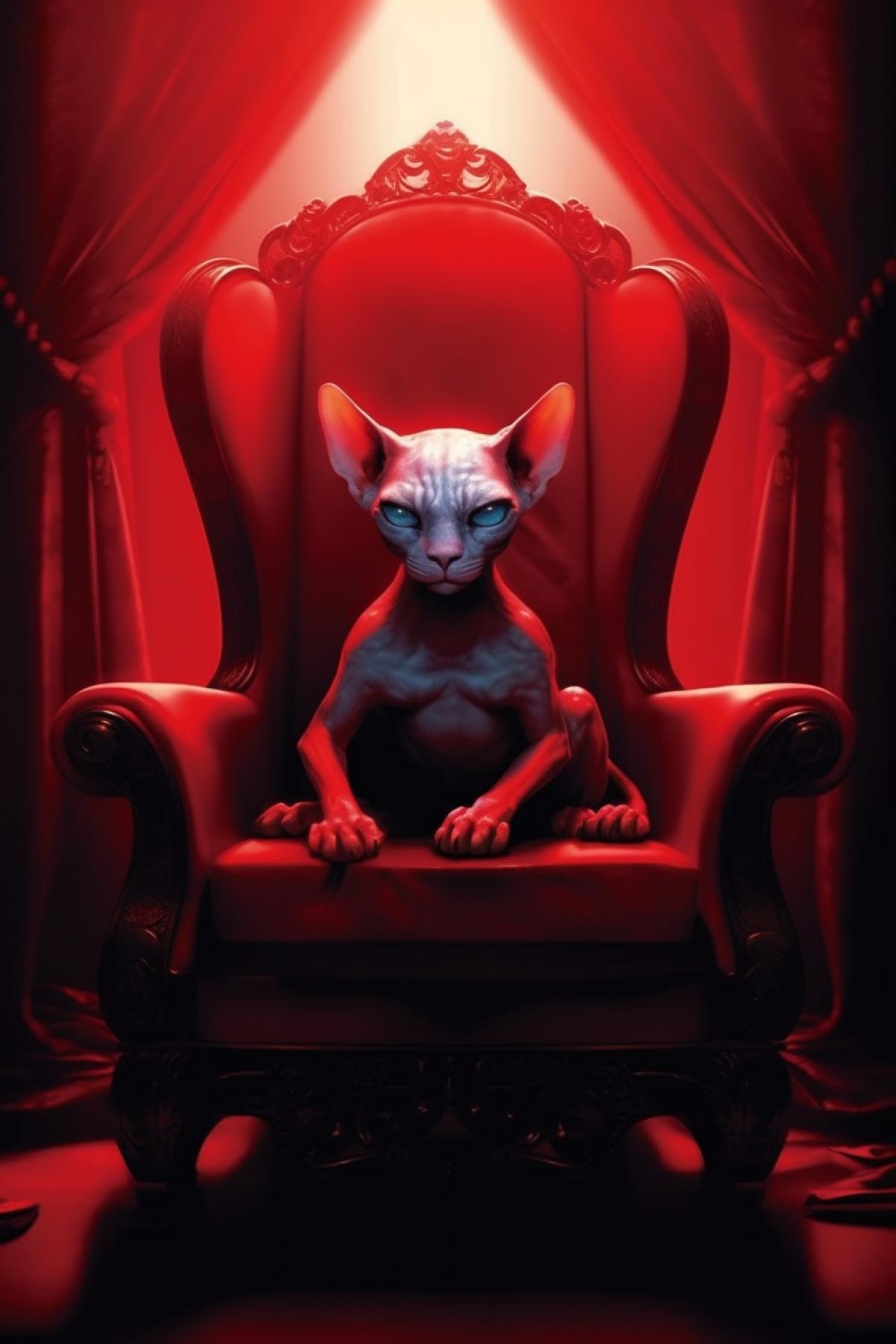 A strange sphinx cat, sinister with a grin, under a lamp in an armchair next to a pool of red liquid