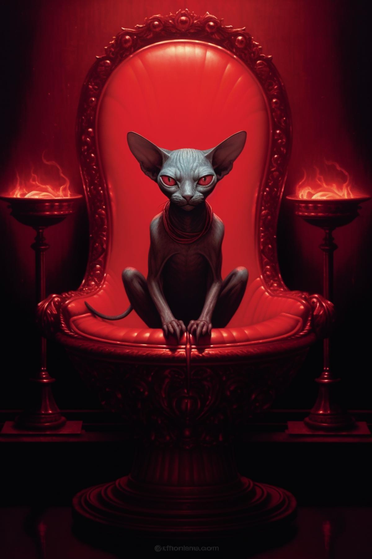 A strange sphinx cat, sinister with a grin, under a lamp in an armchair next to a pool of red liquid