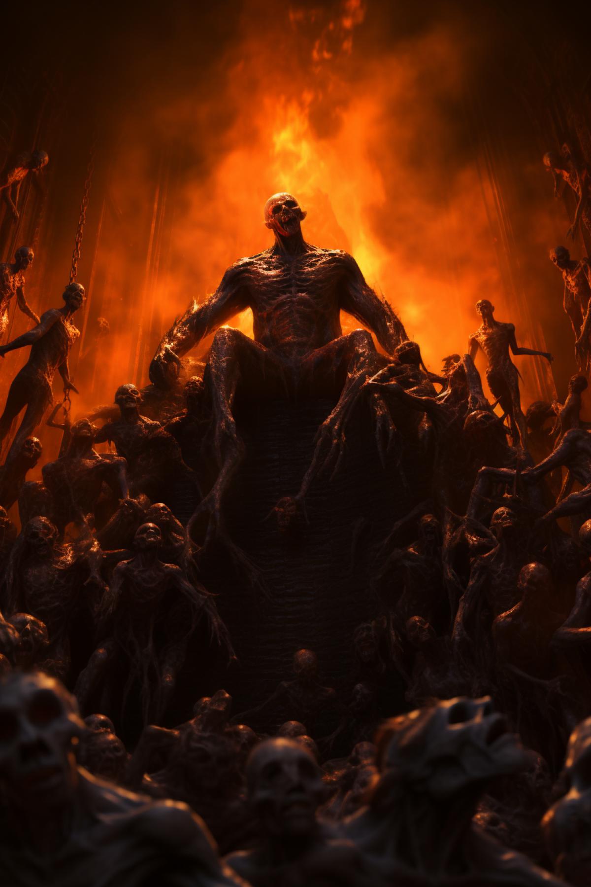 The souls of sinners are tormented in hell, fire, devils, punishments, Satan, high quality, volumetric lighting, maximum detail
