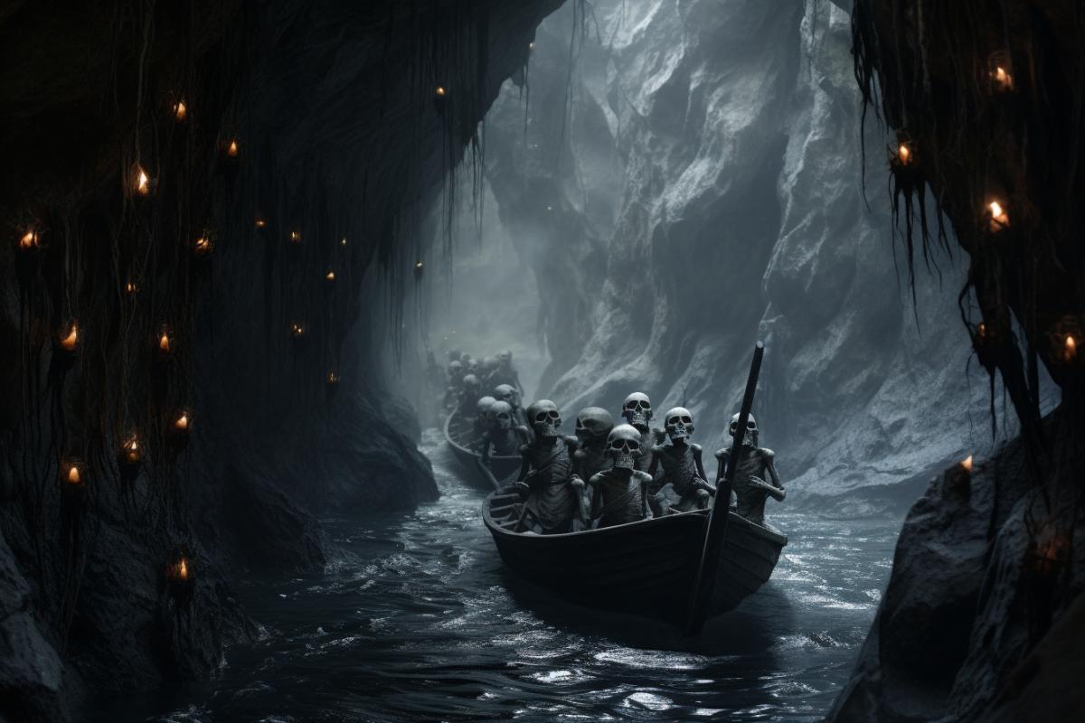 Skeletons are floating in a gloomy cave, on a boat on their last journey