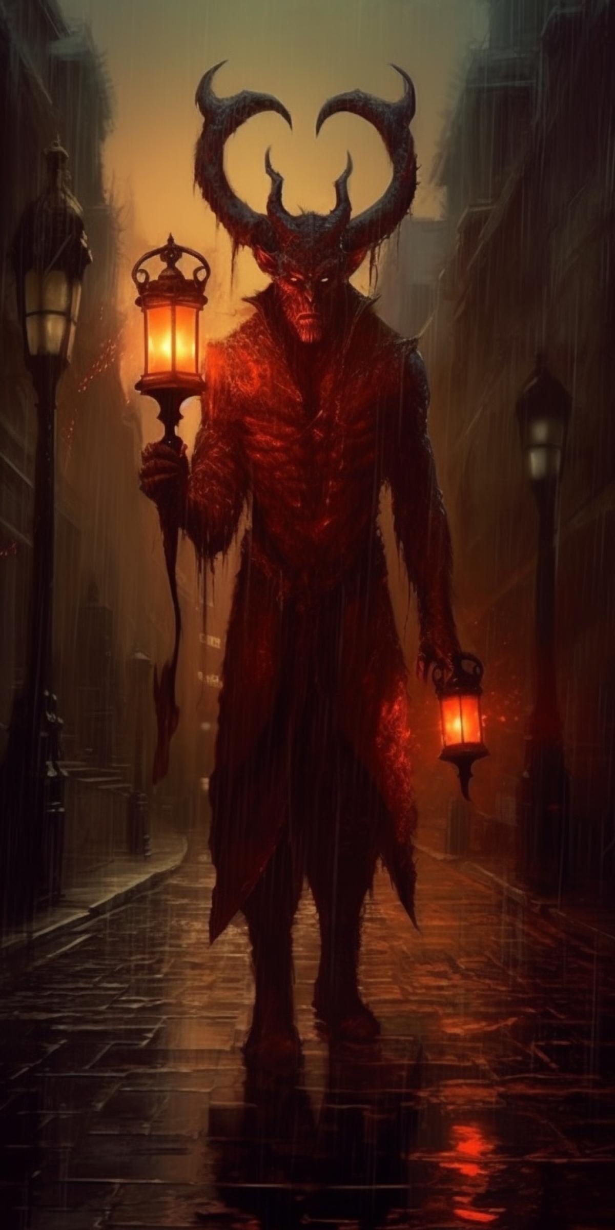 An evil demon walks on the pavement covered in red liquid, in his hand is a lantern, Gothic style