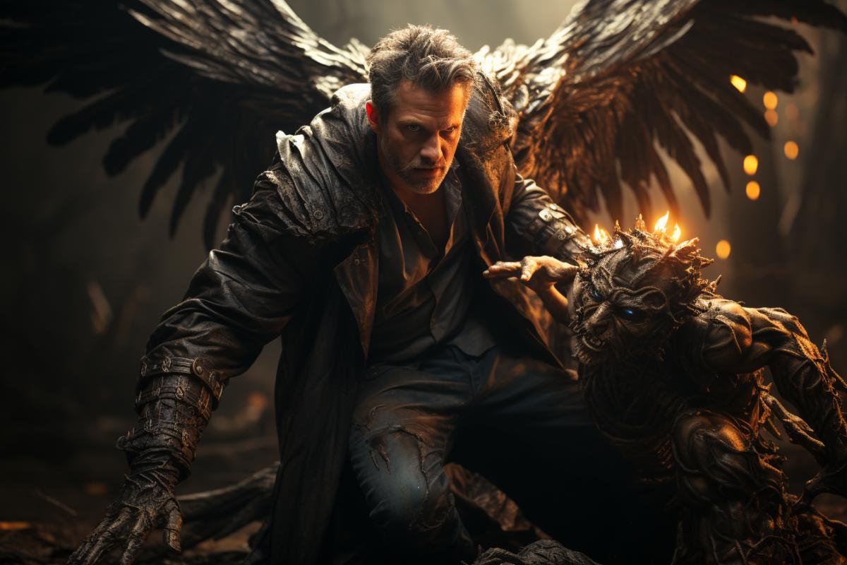 An angel shields a careless person from danger with his wings. Professional photography. High detail.