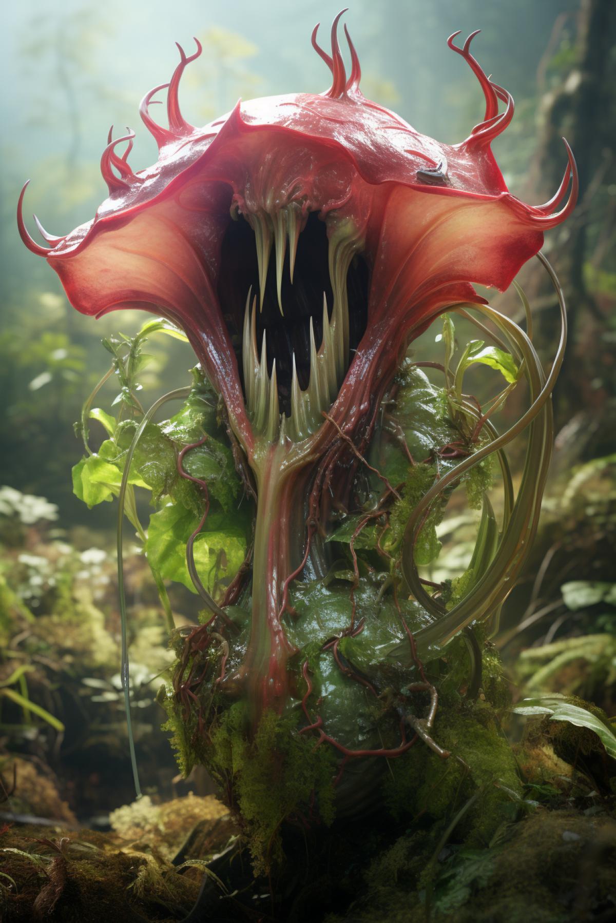 Huge carnivorous plant, trifid, eats animals, scary green creature, needles, sharp leaves, teeth, high quality, volumetric lighting, maximum detail