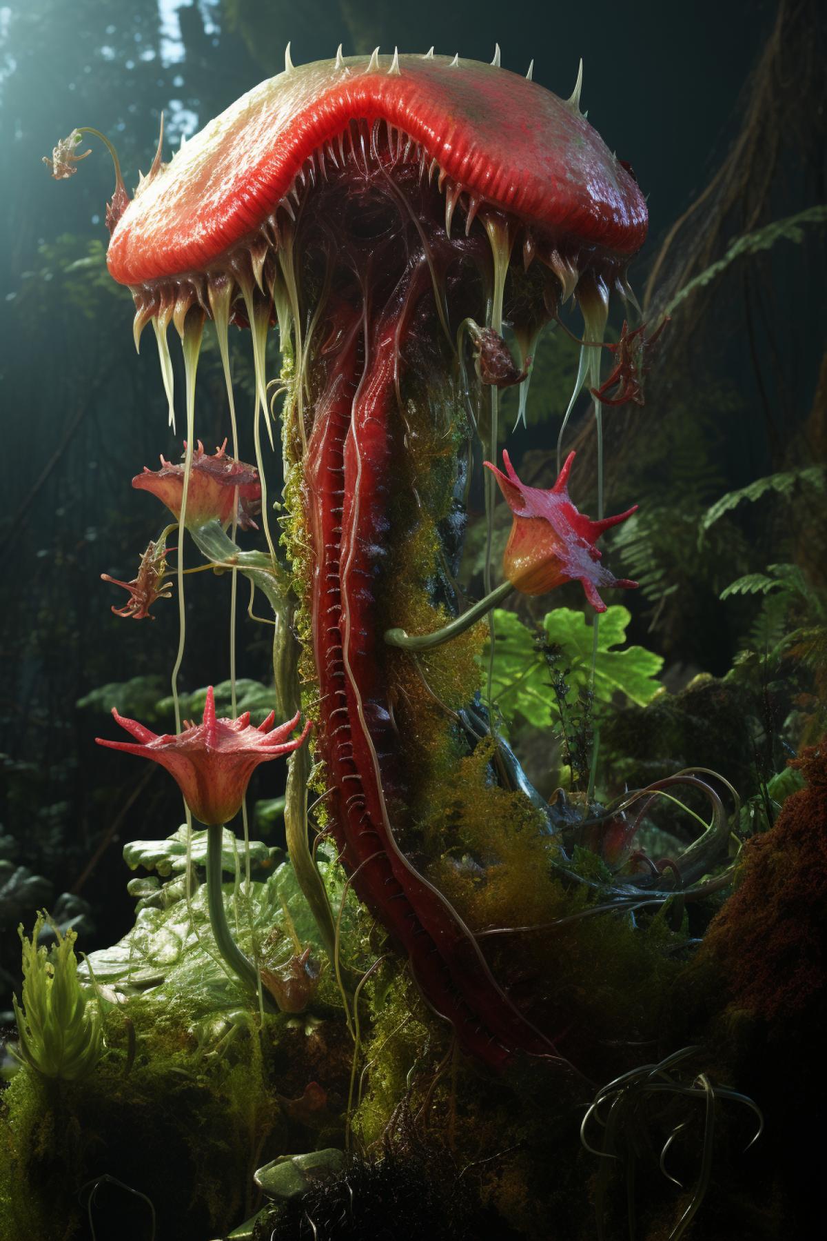 Huge carnivorous plant, sundew, trifid, scary green creature, needles, sharp leaves, teeth, high quality, volumetric lighting, maximum detail