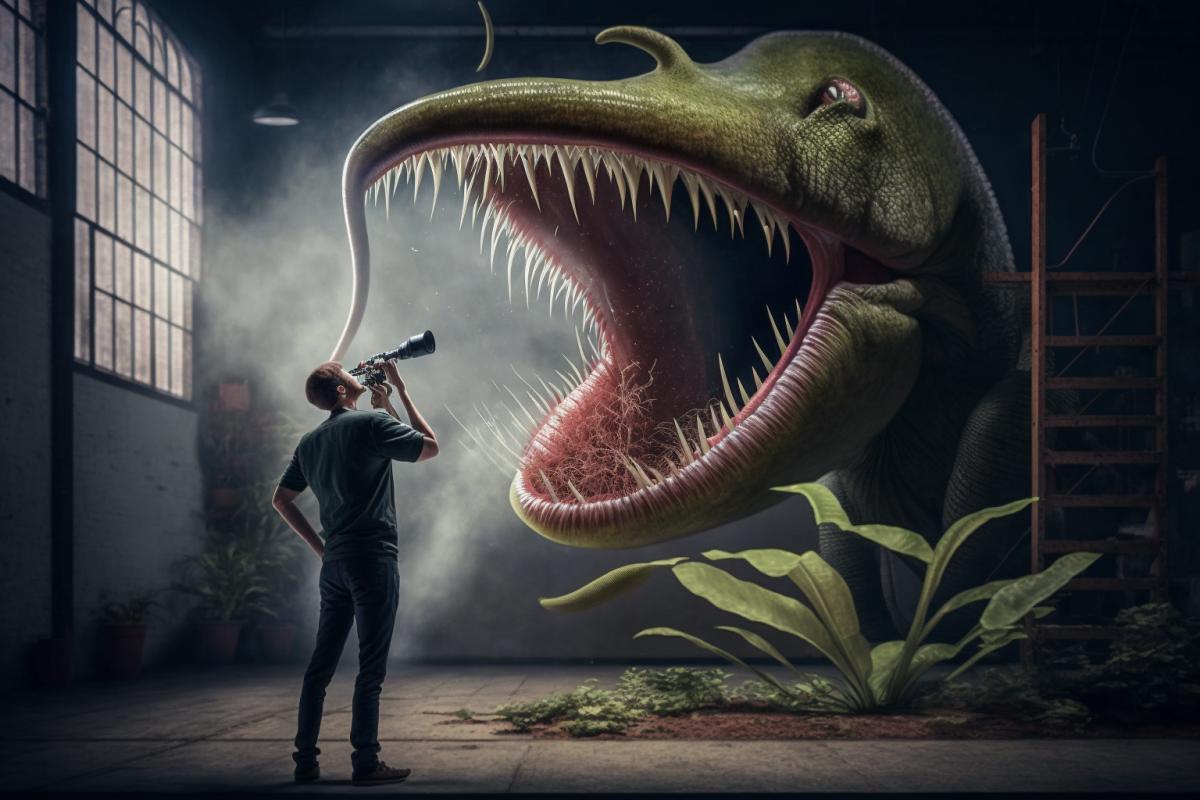 Giant carnivorous plant, people scatter in horror and scream, reportage photo, 8k