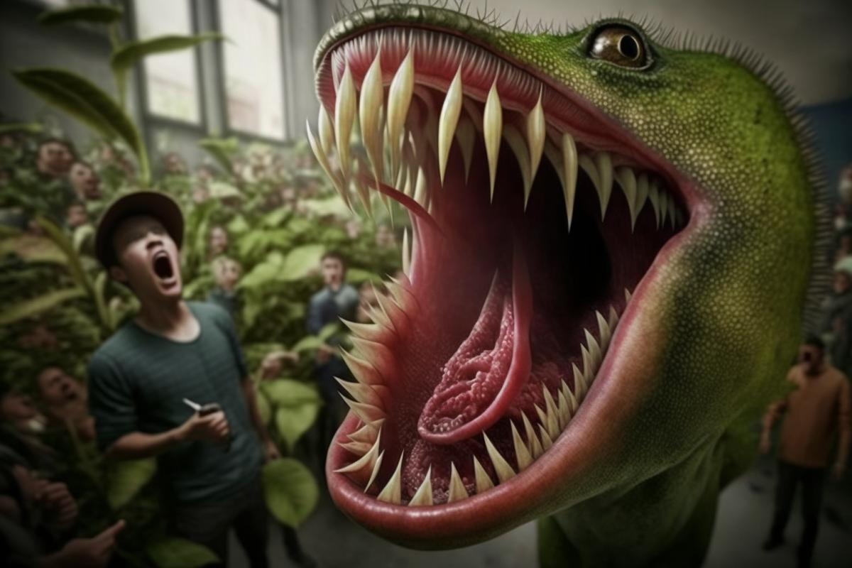 Giant carnivorous plant, people scatter in horror and scream, reportage photo, 8k