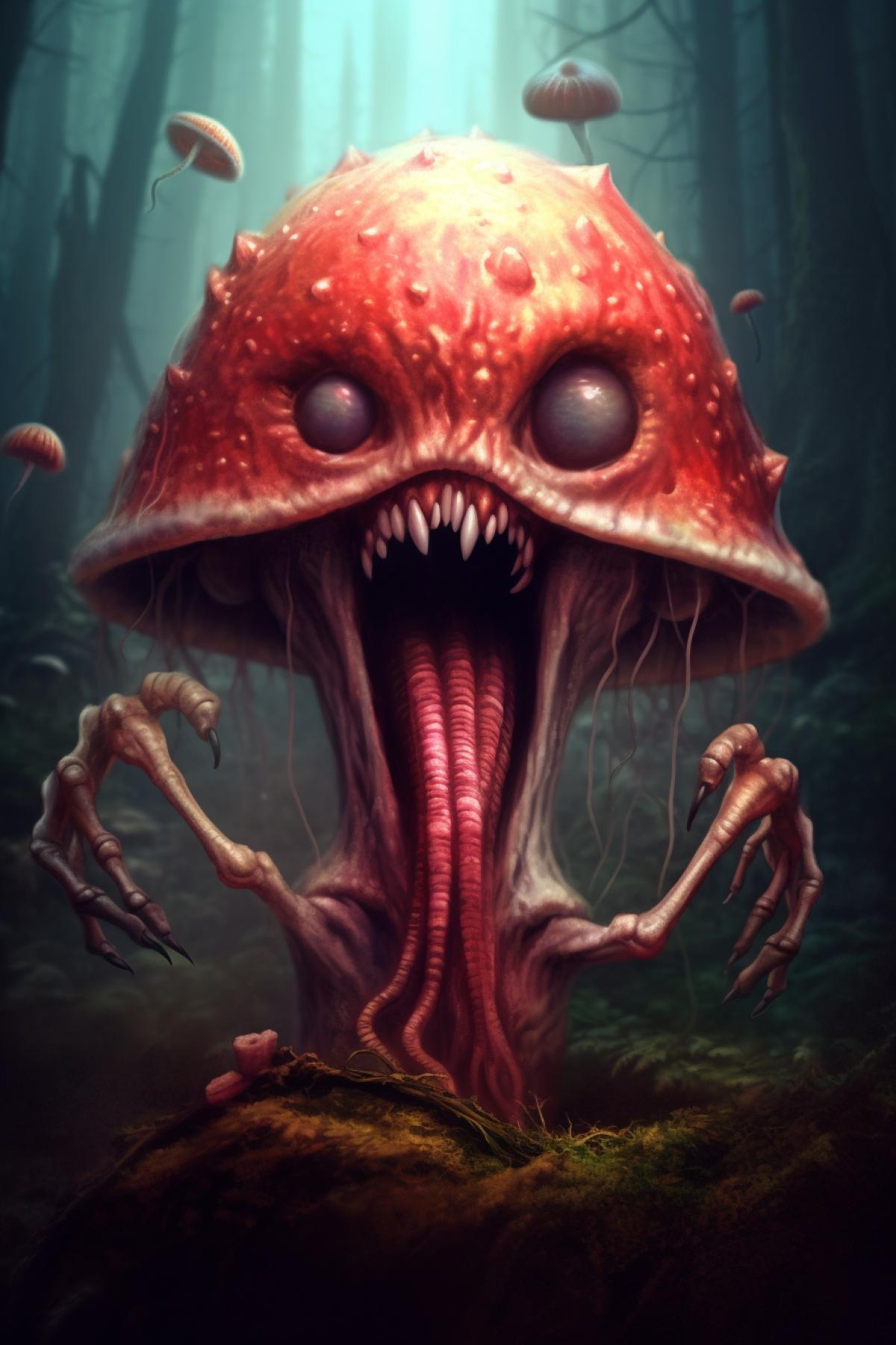 Scary mushroom with teeth, eyes and tentacles, hd