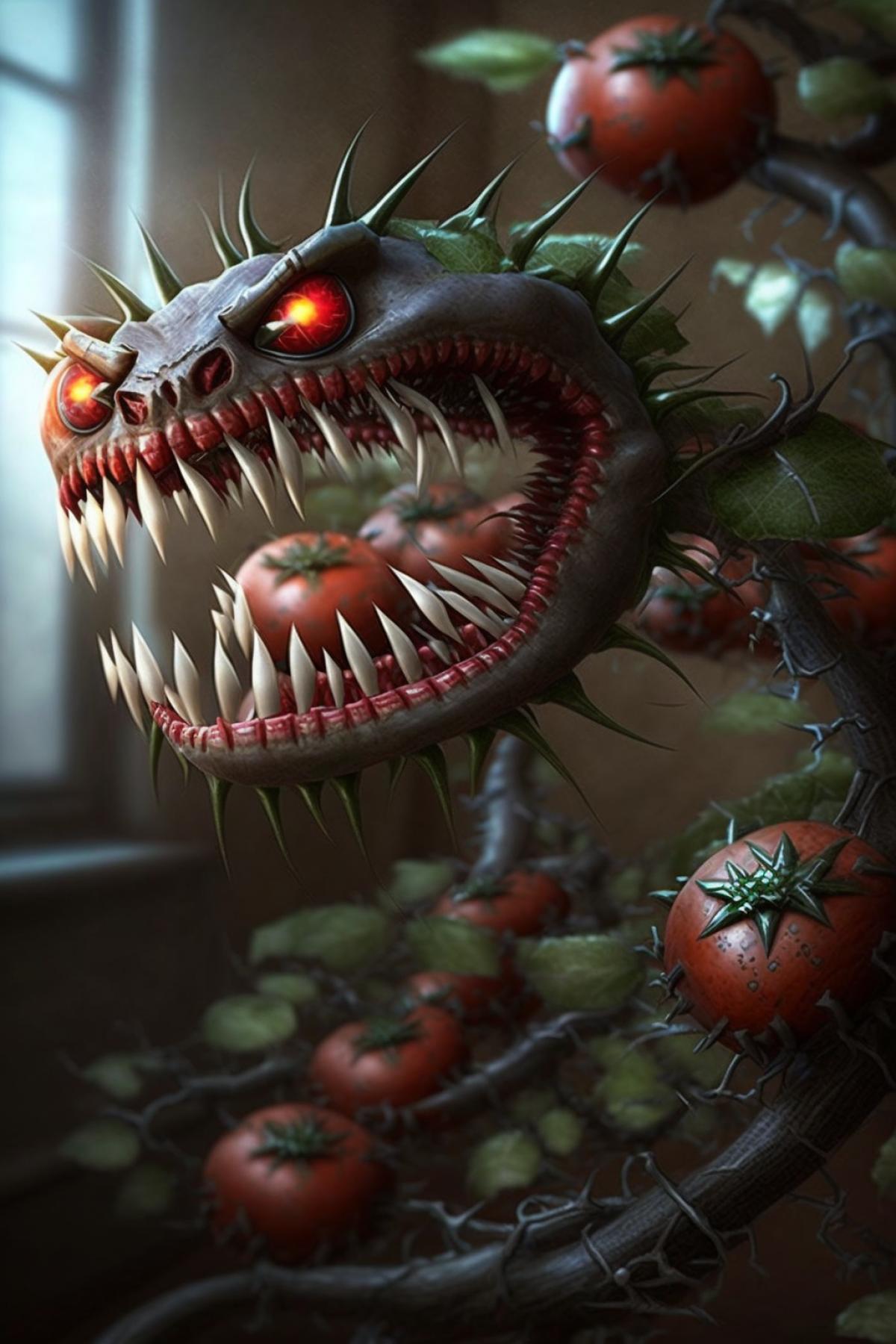 Predatory evil toothy tomatoes on a branch