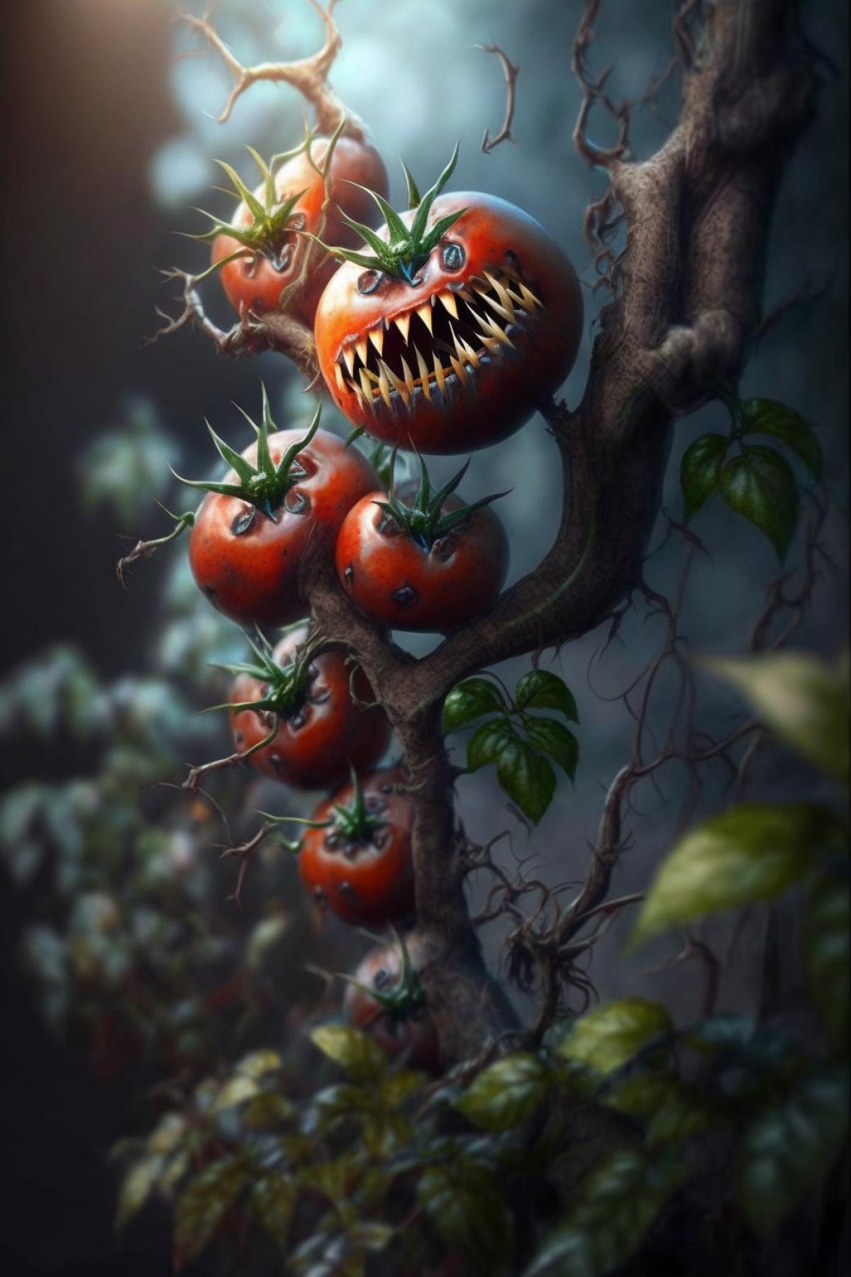 Predatory evil toothy tomatoes on a branch