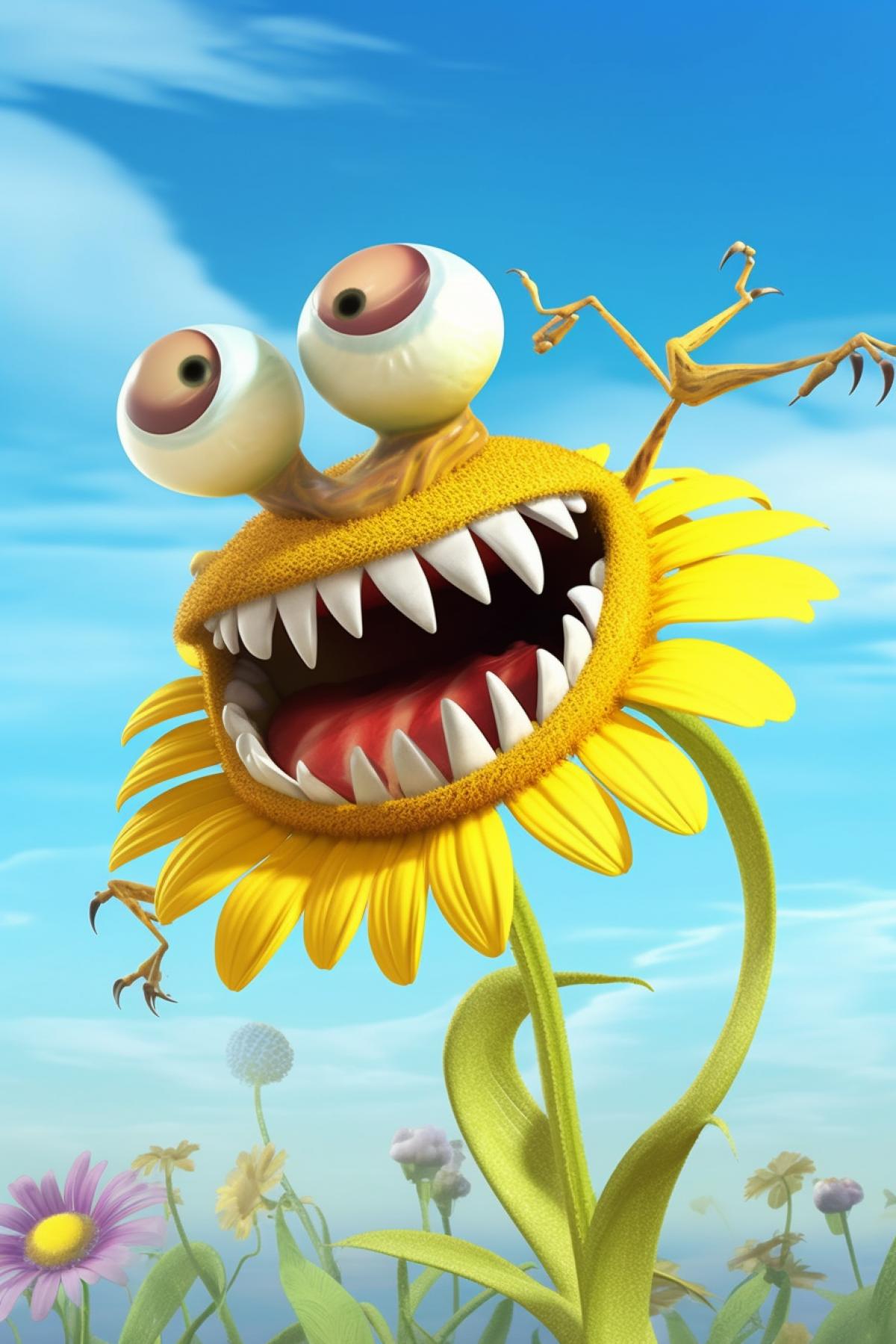 Predatory daisy with teeth, big mouth, kind and cheerful