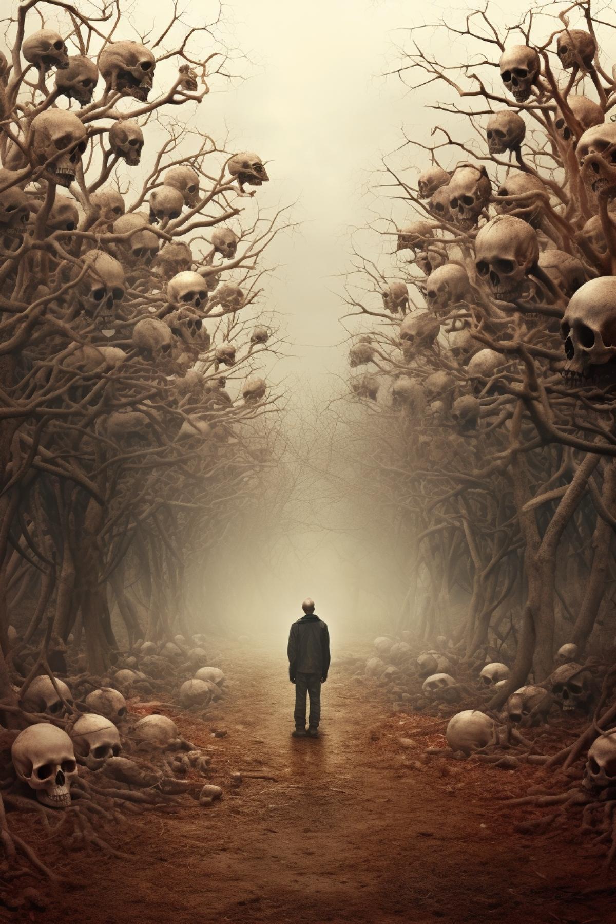 Mystic tree, lonely walker, a lot of skulls under ground, feeling of danger, long perspective