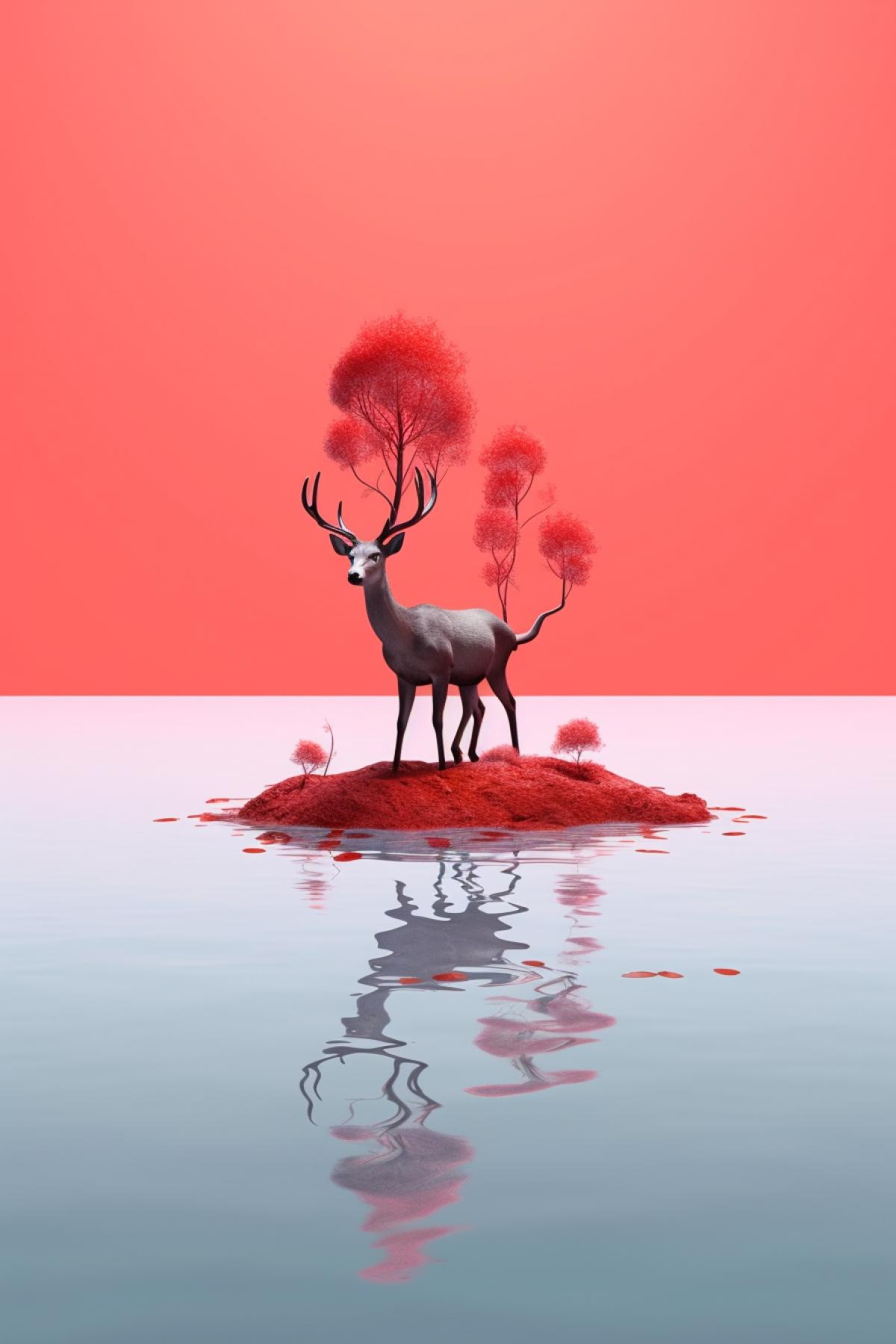 red liquid seeking plant, lonely deer, slowly crawling, feeling of danger, long perspective