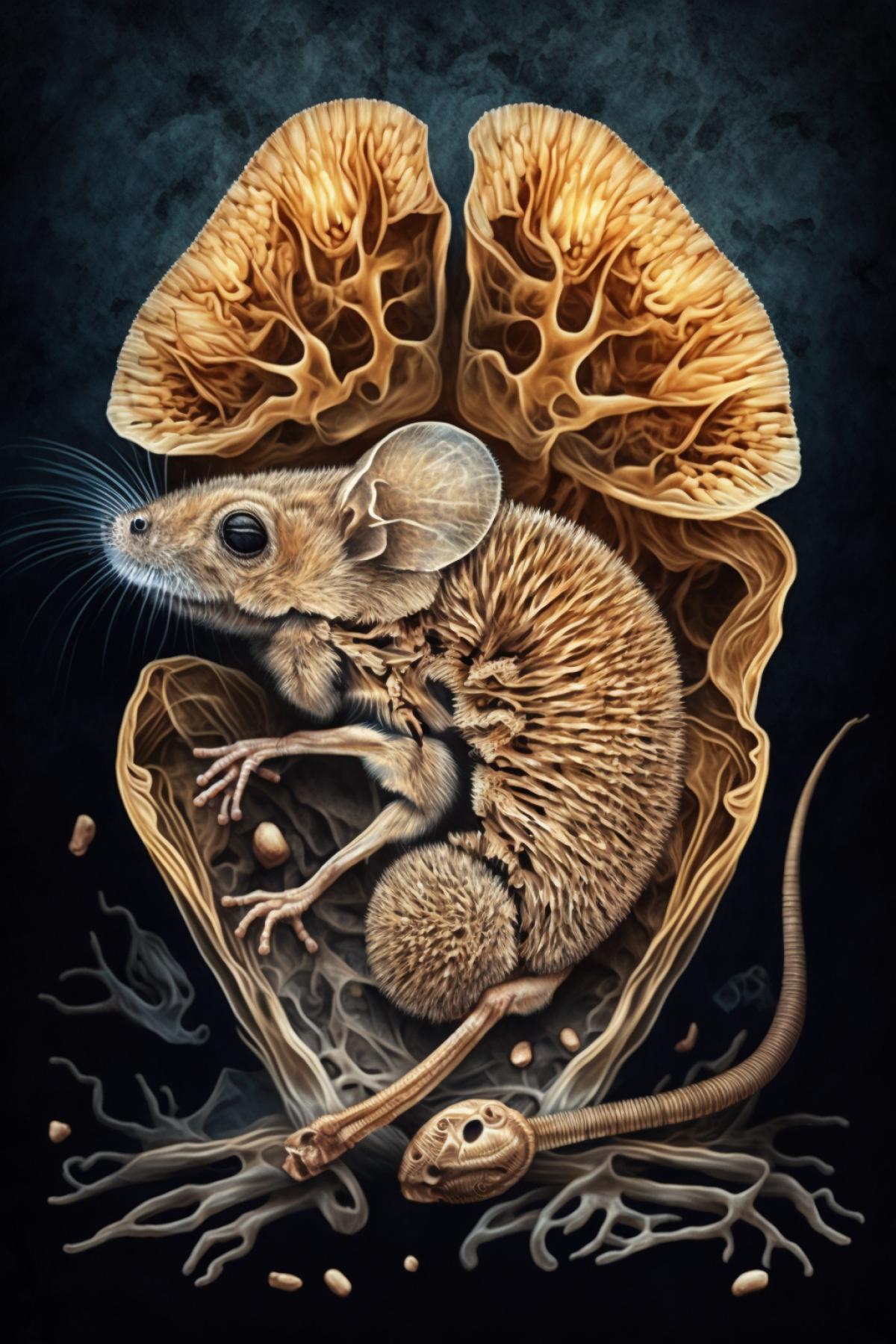 Skeleton of a vole mouse inside the body of a carnivorous fungus, vertical section, realistic, science book illustration