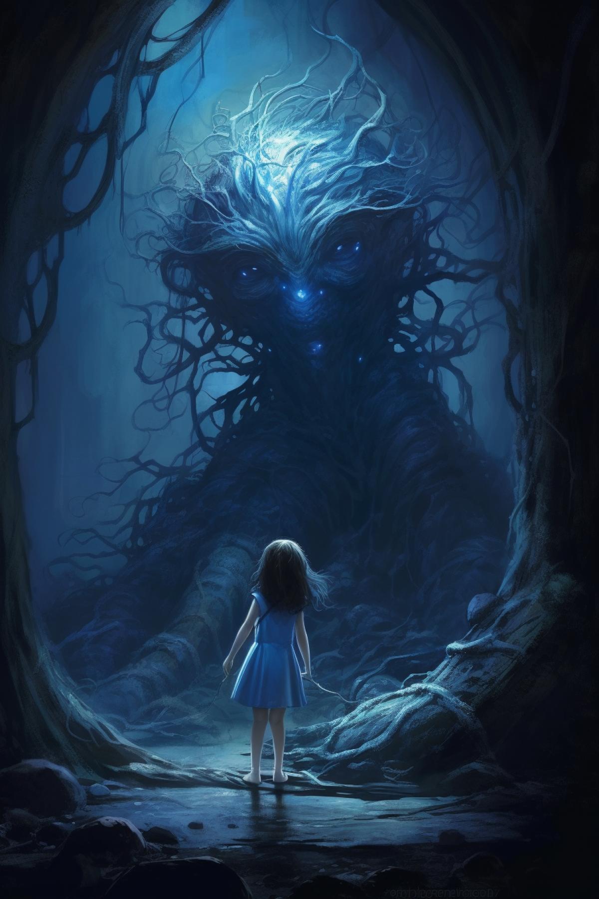 A little girl in a blue dress, she is raised by long, living roots, and behind the girl is a blue and shiny creature, it is large. It is at night
