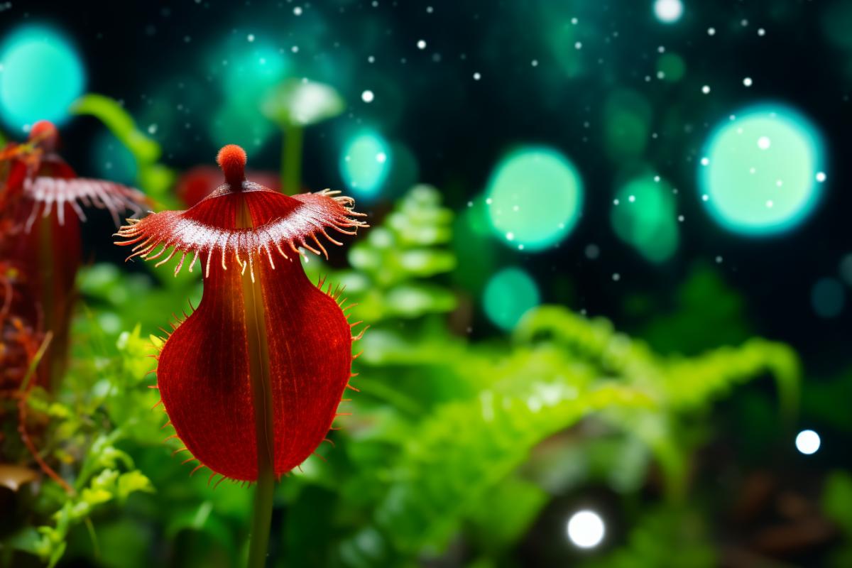 carnivorous plant, luminescent, caught a firefly, macro photography, in the night forest, against the background of the starry sky