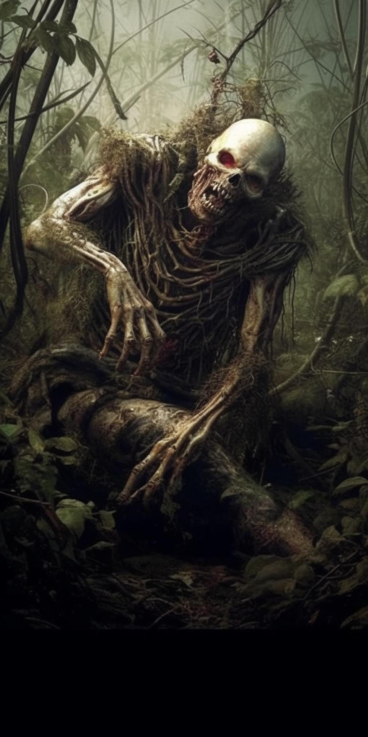 An ominous predator plant attacked a man, half ate him, nearby on the ground are the remains of dead people, bones, bodies. The man screams in horror trying to escape.