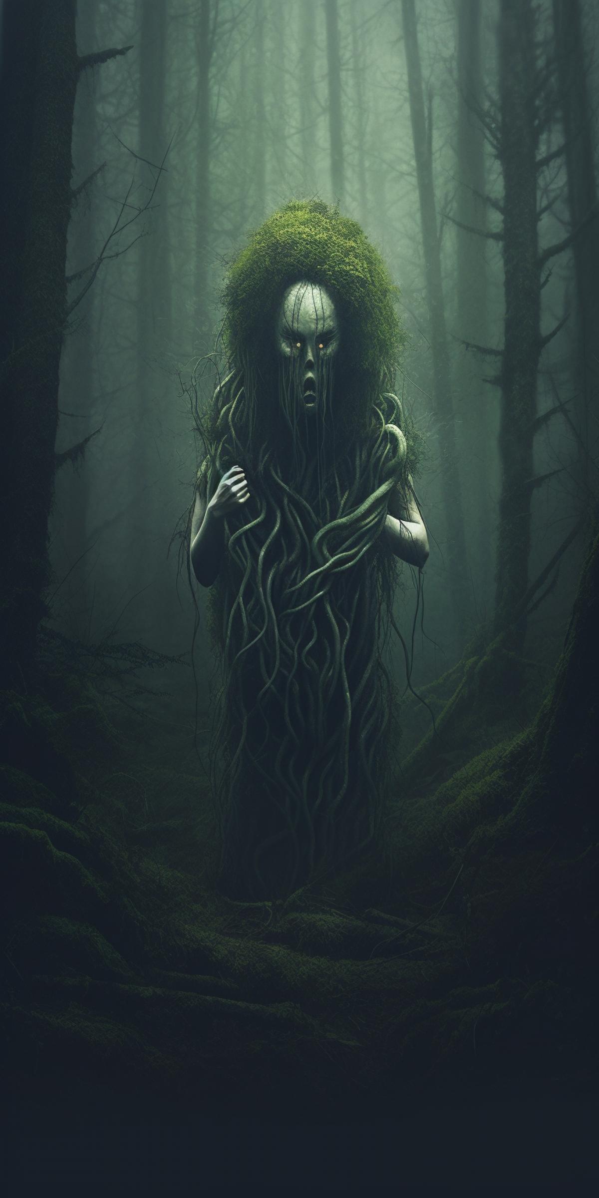 In a gloomy forest, a plant wraps around a person and suffocates, a person screams in horror, next to the plant are the remains of human bodies