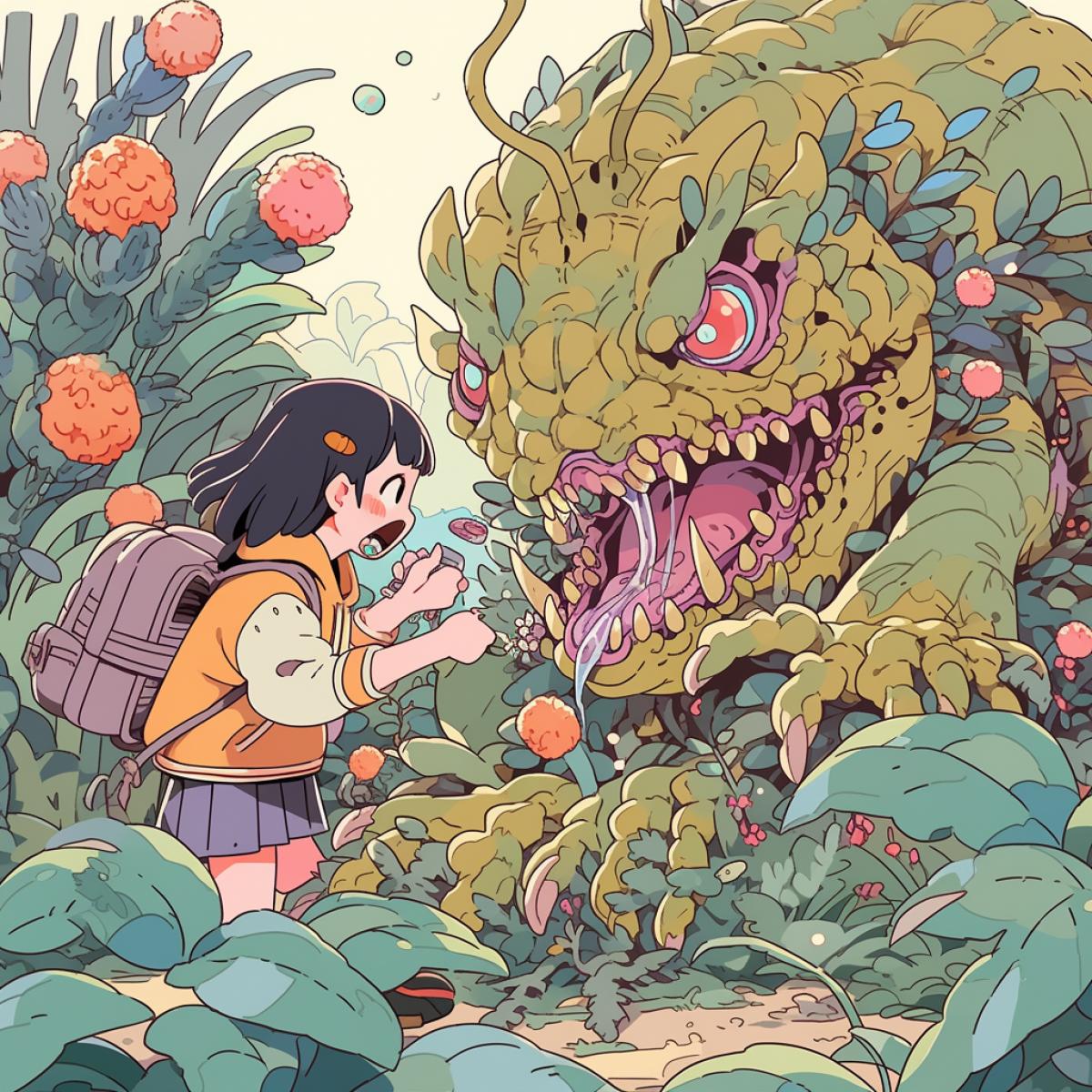 little girl playing with a predatory plant monster in her garden