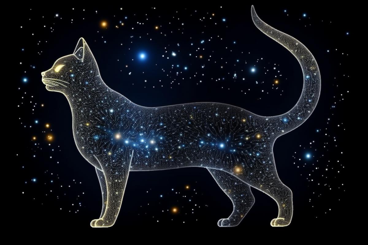 Silhouette of a cat drawn by stars as a constellation, around a star, space, galaxy