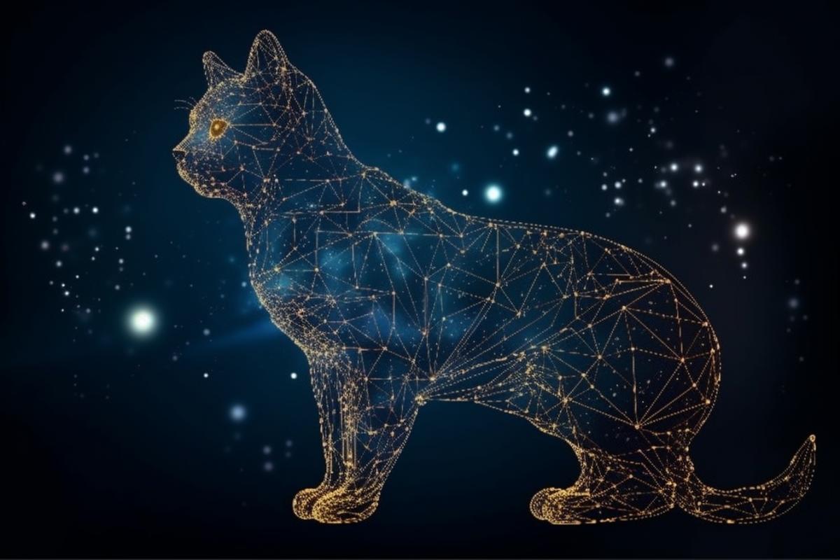 Silhouette of a cat drawn by stars as a constellation, around the star, space, galaxy, illustration to the map of the starry sky