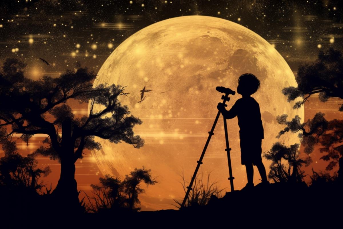 Silhouette of a boy looking at the planets of space through a telescope, drawing