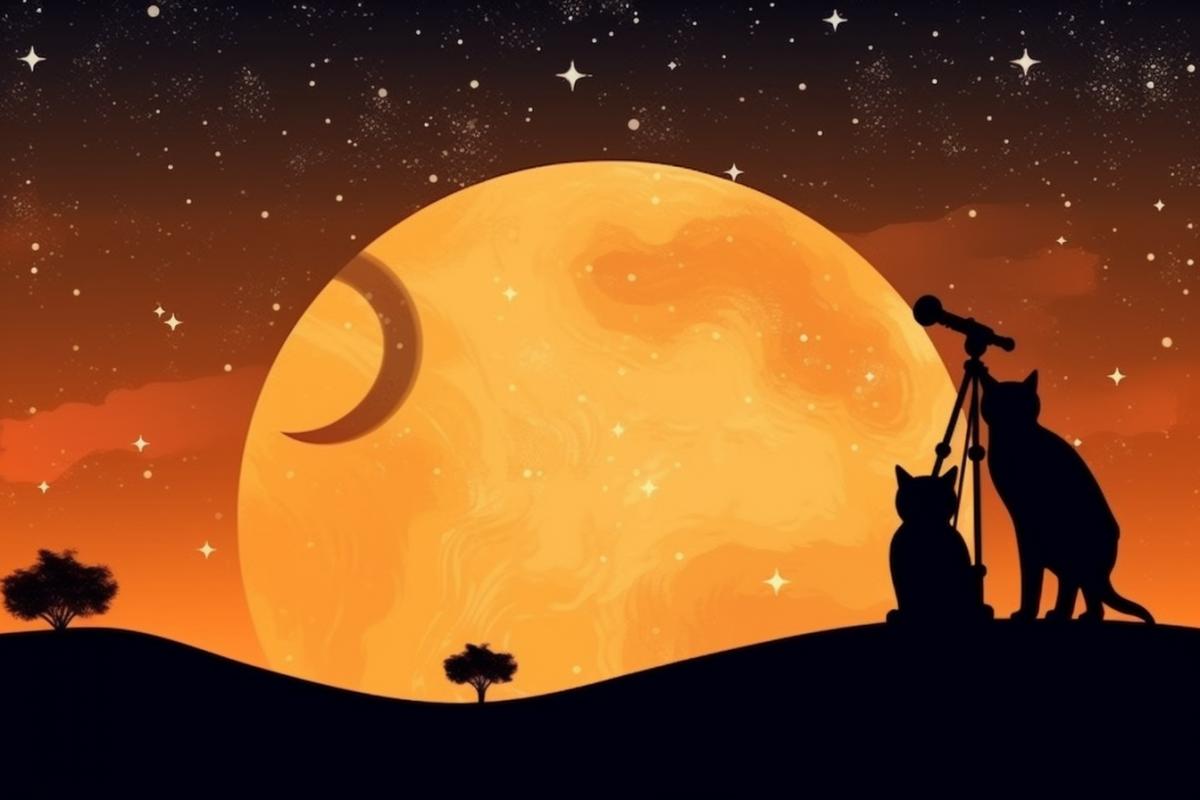 Silhouette of a cat that looks at the planets through a telescope, space, stars, planets, drawing