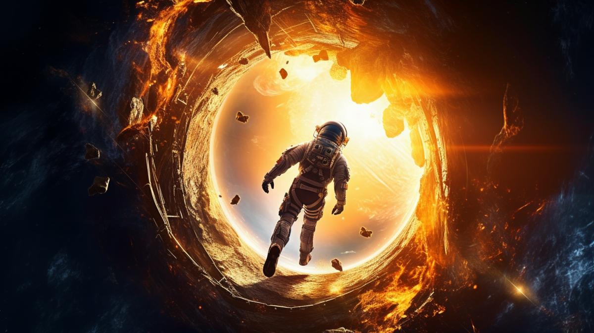dark hole in space, astronaut in outer space against the background of the sun, CG art speed pain