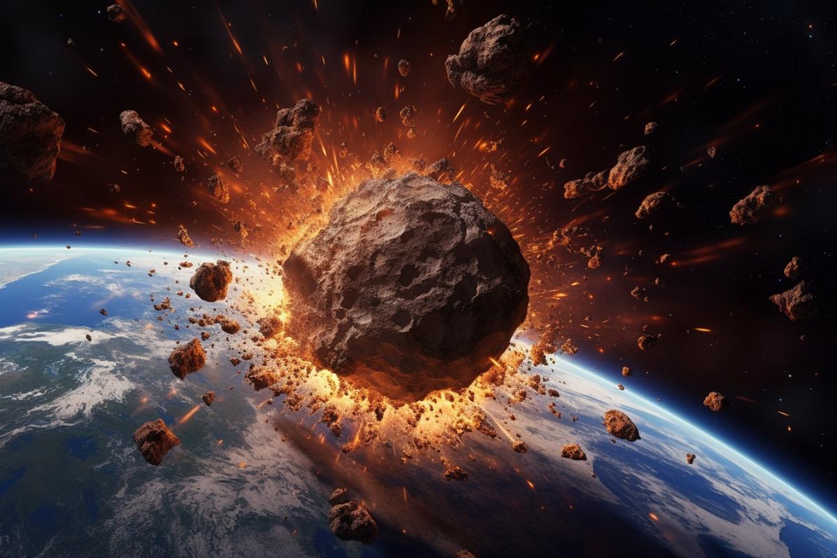 Wide angle, Astroid crashing into Earth, cinema shot like Michael Bay, ultra high details, ultra realistic, 12k