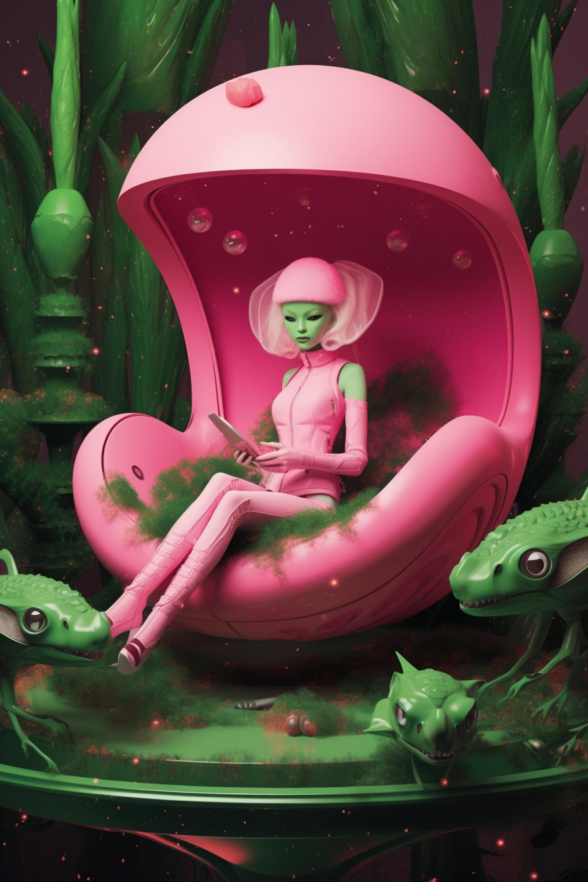A green alien in pink sits on a spaceship