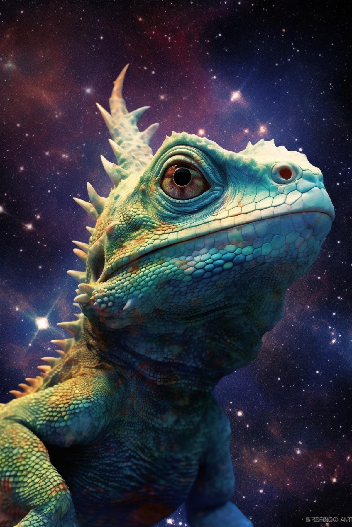 A lizard flies in the comic galaxy