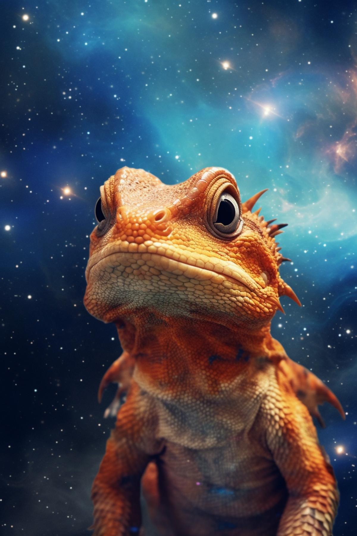 A lizard flies in the comic galaxy