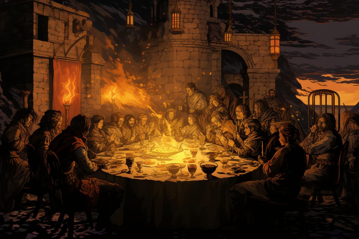 A grand feast in a medieval castle, banquet, roaring fireplace, glimmering candlelight, rustic, warm colors, art by Katsushika Hokusai and Charles Vess, woodcut, vintage, detailed, still life, vivid, artstation, traditional, intricate, digital painting, trending on Artstation, 4K UHD image.