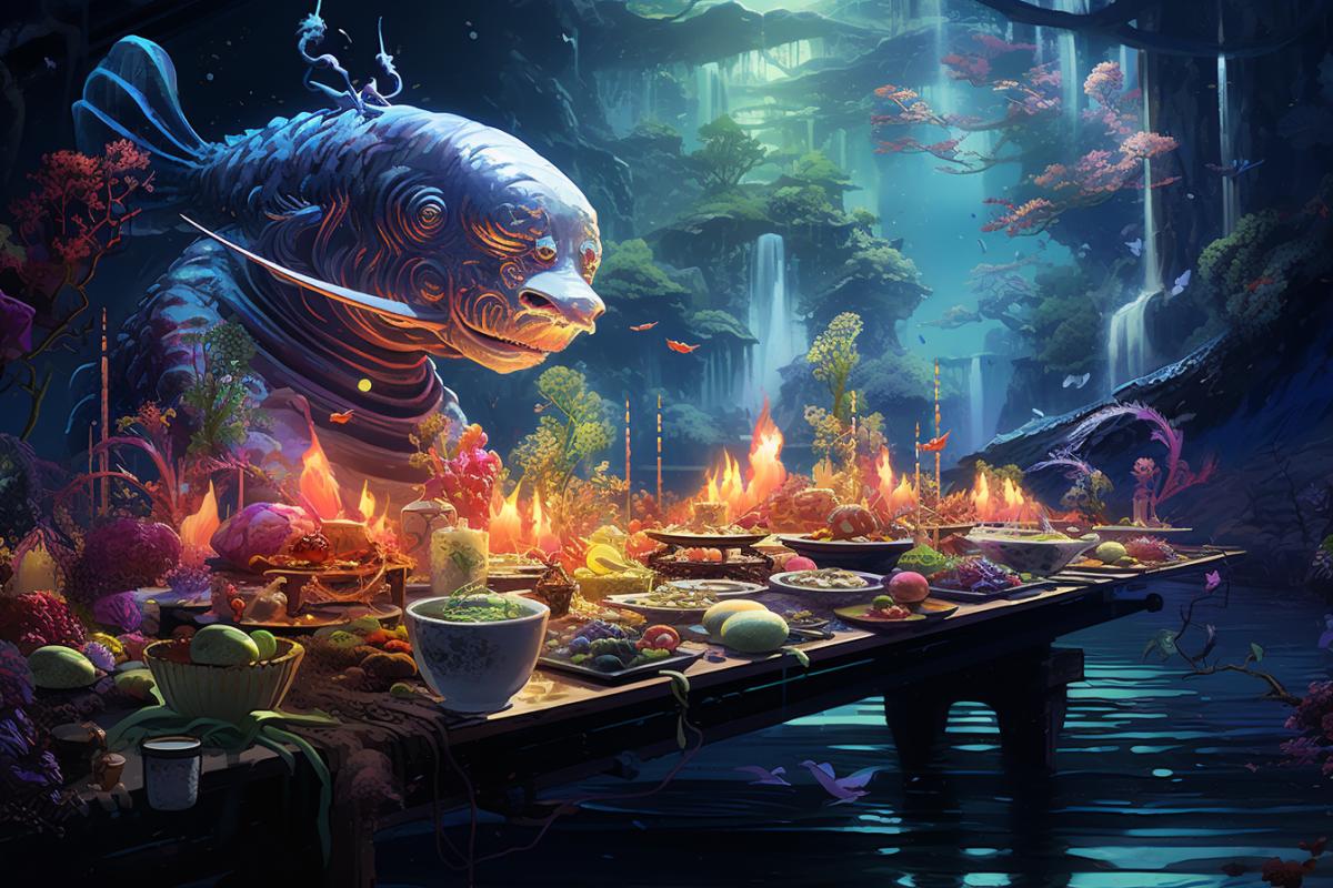 An exotic underwater sushi banquet, digital art, art by Yodirtaka Amano and Greg Rutkowski, highly detailed, intricate, neon colors, bioluminescent creatures, conceptual, smooth texture, fantasy art, artstation, Japanese woodblock print style, sharp focus, deep sea theme, trendy, glossy