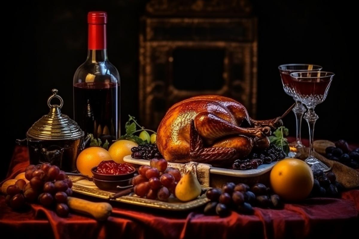 American roasted turkey on the holiday table, thanksgiving table
