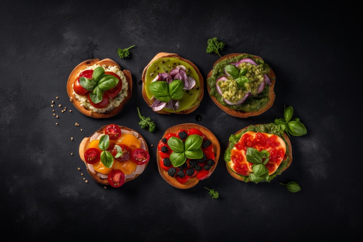 Collection of various bruschettas, appetizing photo