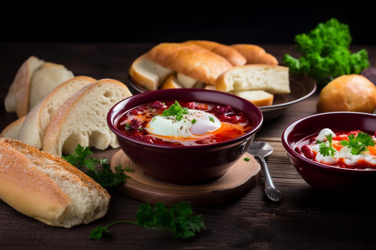 Russian table, Russian cuisine, borscht with sour cream.