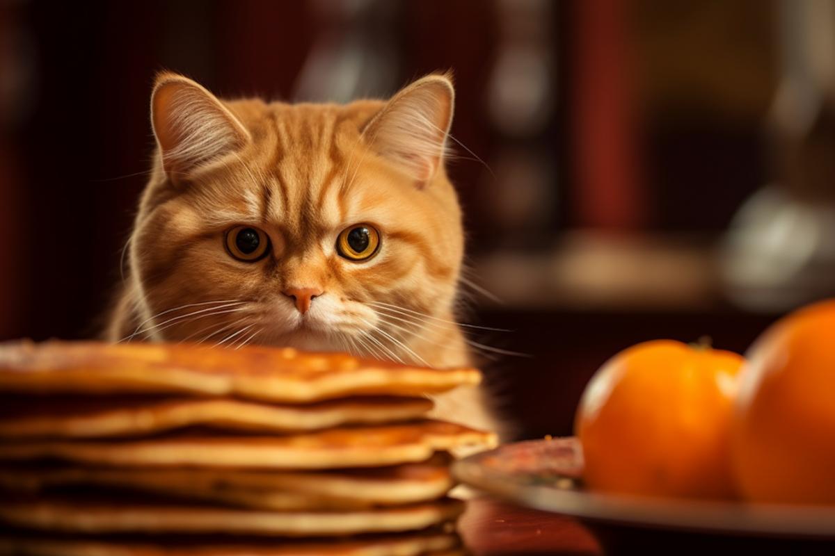 The cat is trying to steal pancakes from the table, pancakes on the table, red caviar, close-up