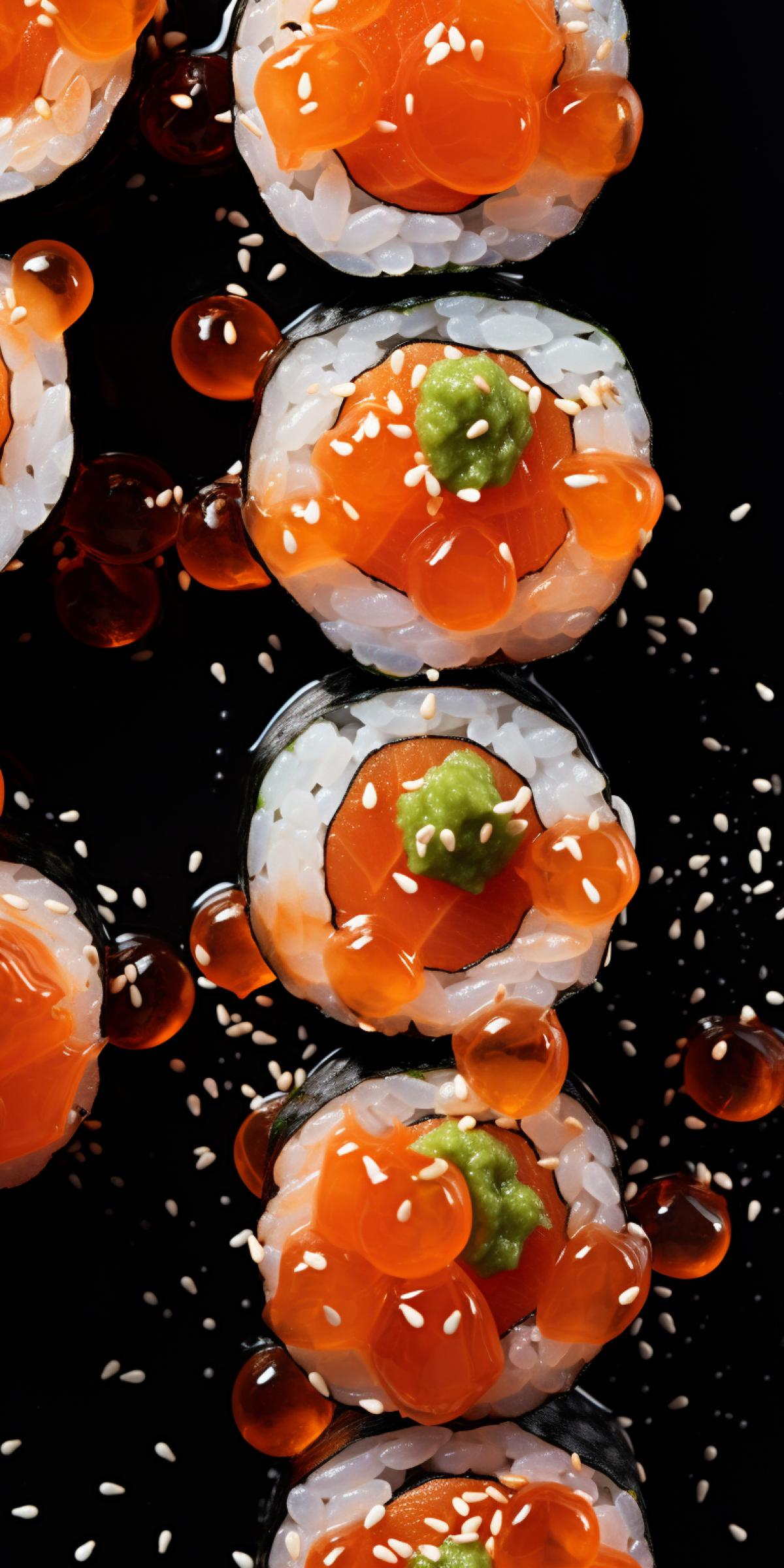 sushi seamless background, adorned with glistening droplets of water. Top down view. Shot using a Hasselblad camera, ISO 100. Professional color grading. Soft shadows. Clean sharp focus. High-end retouching. Food magazine photography. Award winning photography. Advertising photography. Commercial photography. ar 9:16 uplight s 250