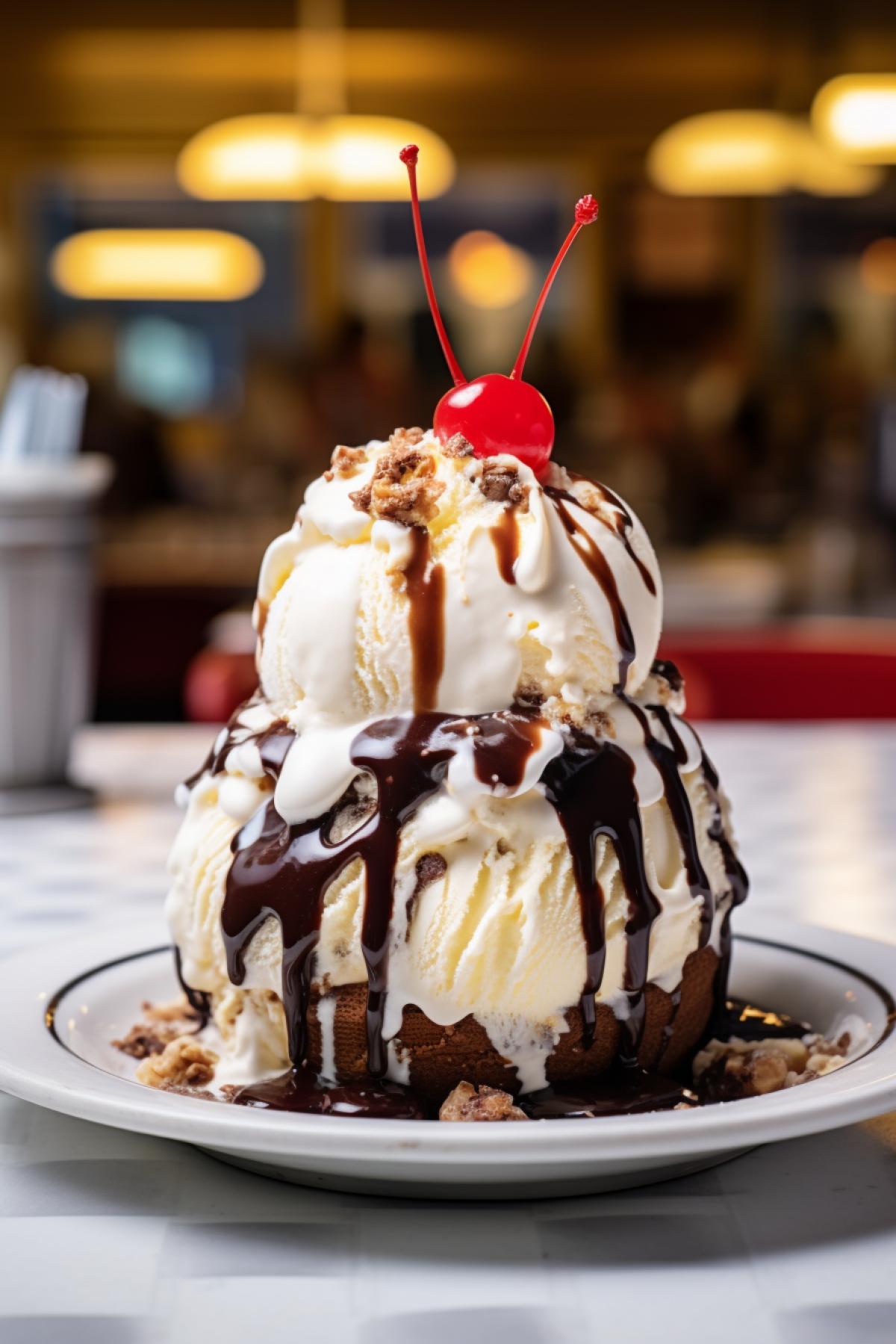 Vanilla ice cream with hot fudge dripping, ice cream parlor background, Nikon Z9, 80mm lens, f/1.8 Ultra Definition Photo Real, 8k