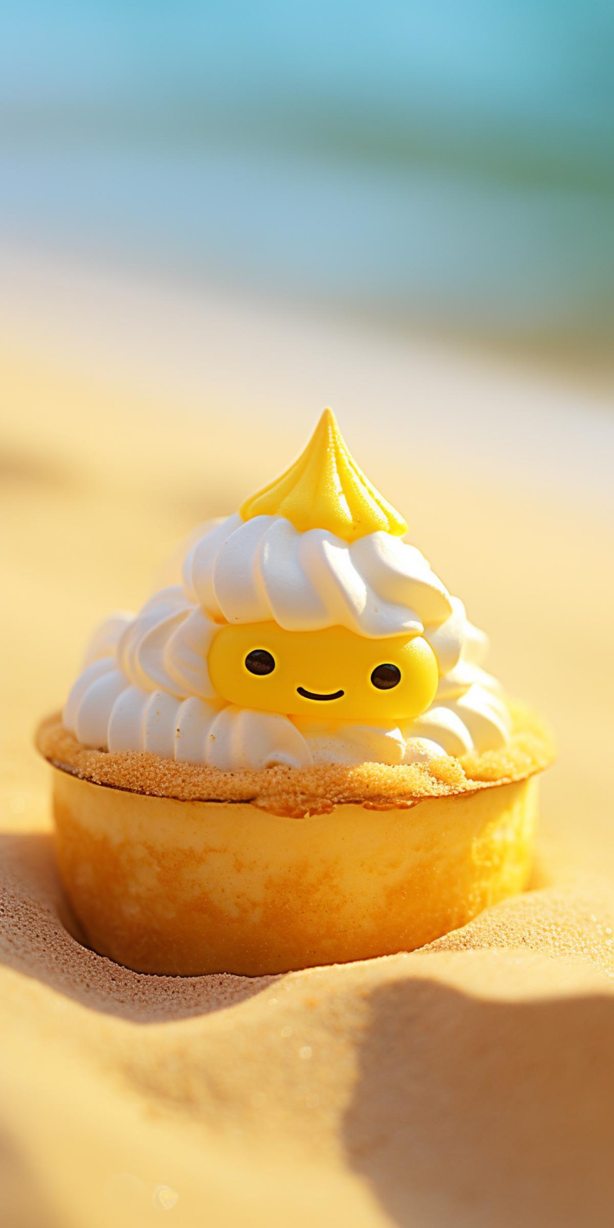 Kawaii cartoon lemon meringue pie 🥧, chilling on the beach. Photograph. Canon DSLR. Tilt-shift. ar 9:16