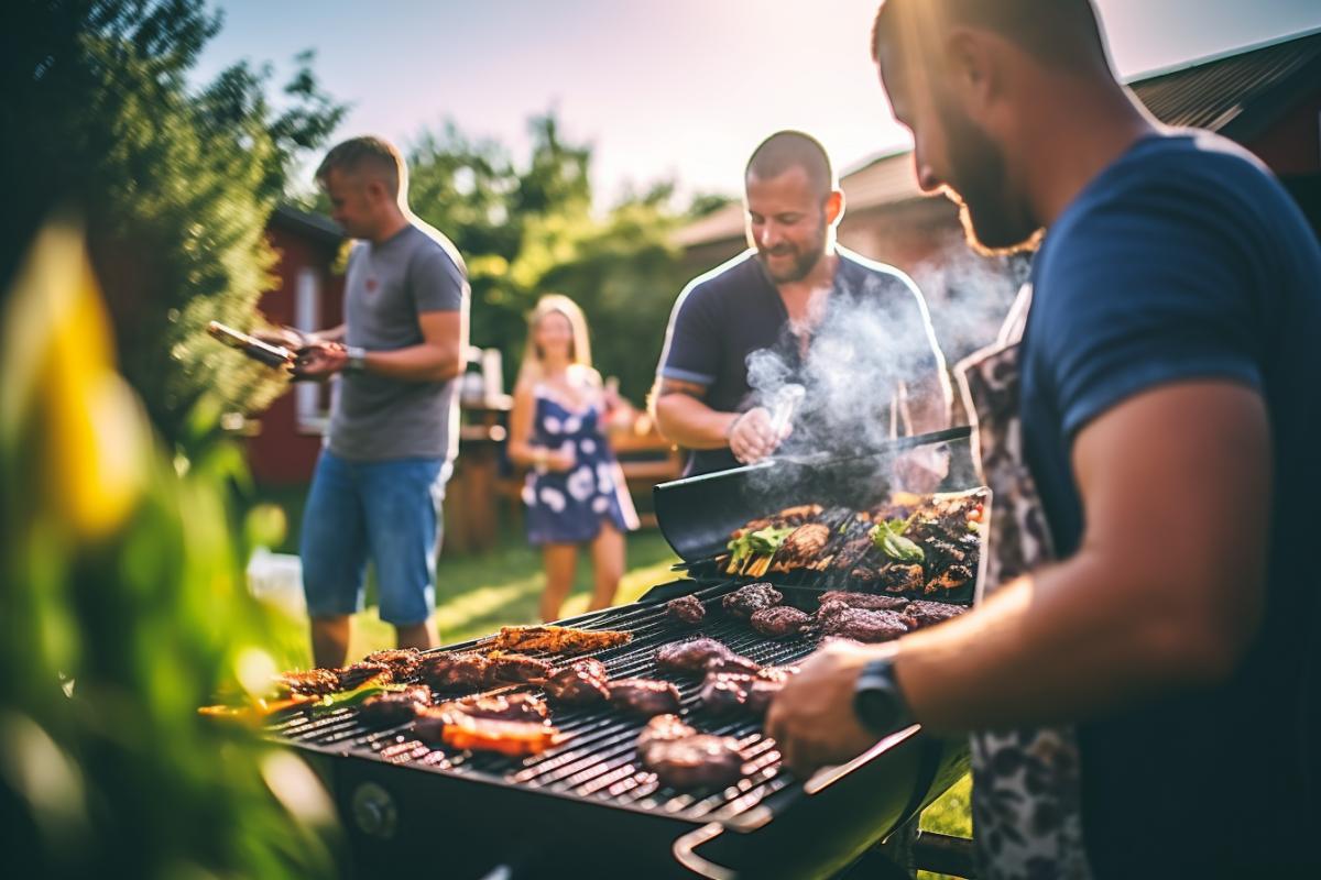 friends at the summer nature green yard making meat barbecue, products packages at the firts plane, cinematic high detail, ultra realistic, cinematic lighting, Shot on 50mm lense, Ultra- Wide Angle, Depth of Field, hyper-detailed, beautifully color-coded, beautifully color graded, Unreal Engine, Cinematic, Color Grading, Editorial Photography, Photography, Photoshoot, Shot on 70mm lense, Depth of Field, DOF, Tilt Blur, Shutter Speed 1/1000, F/22, White Balance, 32k, Super-Resolution, Megapixel, ProPhoto RGB, VR, Lonely, Good, Massive, Halfrear Lighting, Backlight, Natural Lighting, Incandescent, Optical Fiber, Moody Lighting, Cinematic Lighting, Studio Lighting, Soft Lighting, Volumetric, Contre-Jour, Beautiful Lighting, Accent Lighting ar 3:2