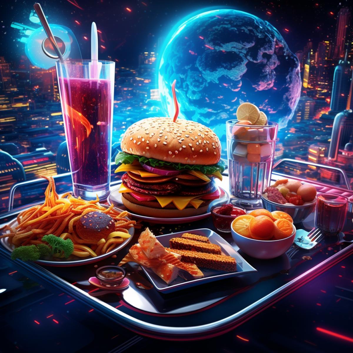 incredibly artistic and very futuristic depiction of food, vivid colors, very realistic