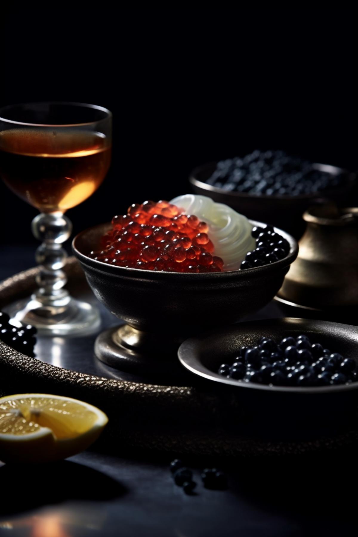 Dishes of Russian cuisine, vodka and dark caviar.