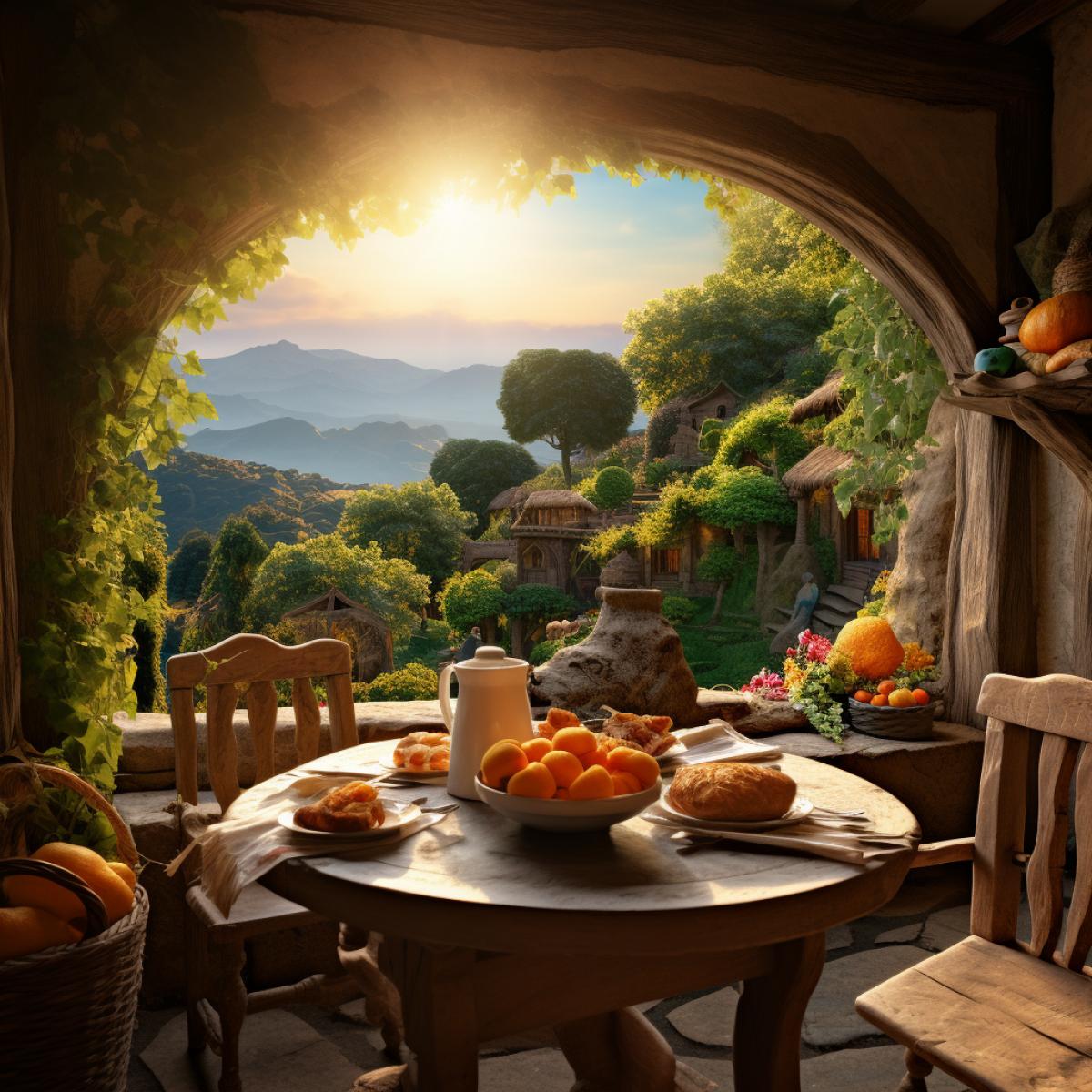 hobbit land, table with breakfast in sunlight, in the style of imaginative fantasy landscapes, photorealistic landscapes, hobbit houses, cabkor, uhd image, yankikor, cute and dreamy