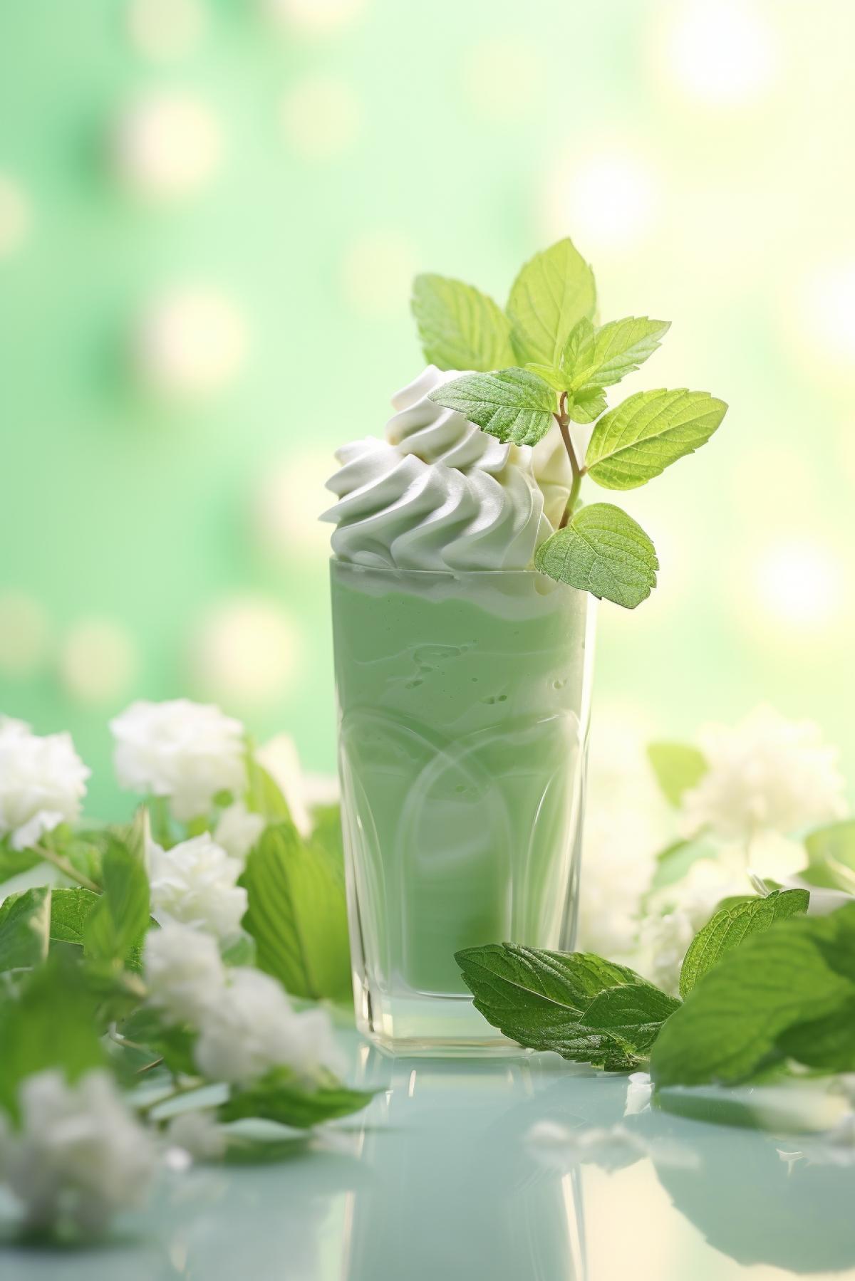 art mint ice cream set design frosted glbottle light green and white green plant background depth of field premium feeling perfect lighting OC renderer Blender 8k super clear super noise reduction