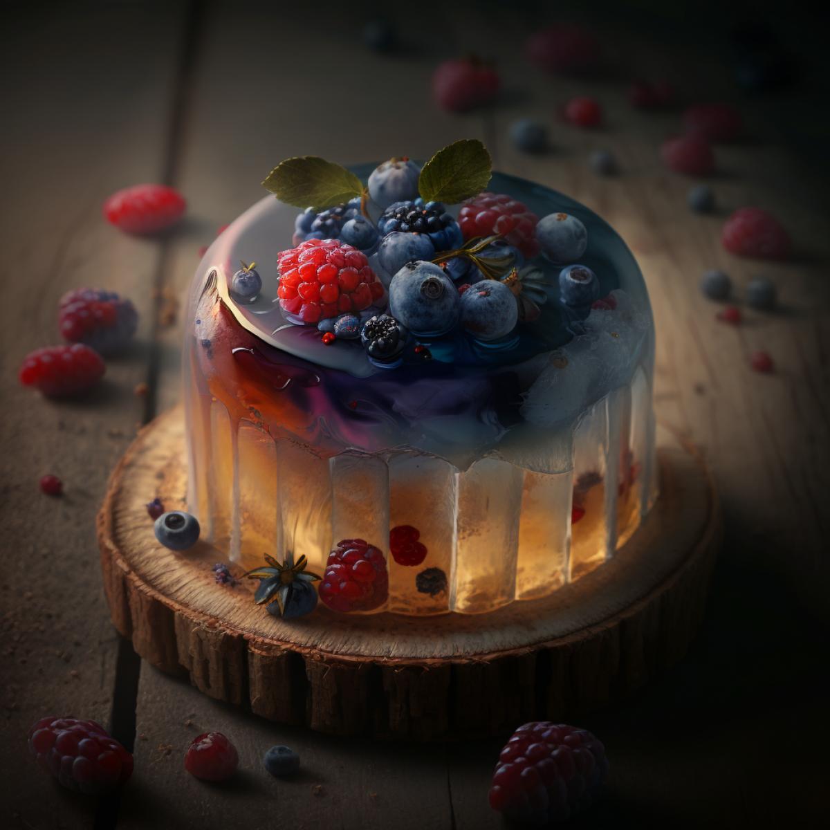 Close-up of a homemade cake with jelly and berries on an old wooden table ar 3:4 q 2 uplight v 5