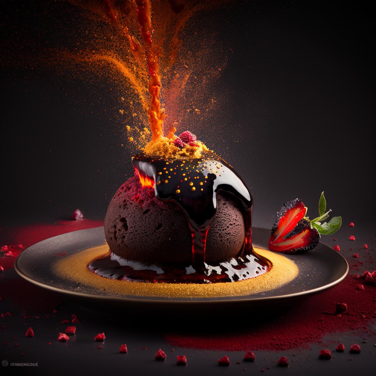 hot lava cake with ruby gemstone and molten gold, close cinematic shot + photos taken by ARRI, photos taken by sony, photos taken by canon, photos taken by nikon, photos taken by sony, photos taken by hasselblad + incredibly detailed, sharpen, details + professional lighting, photography lighting + 50mm, 80mm, 100m + lightroom gallery + behance photographys + unsplash