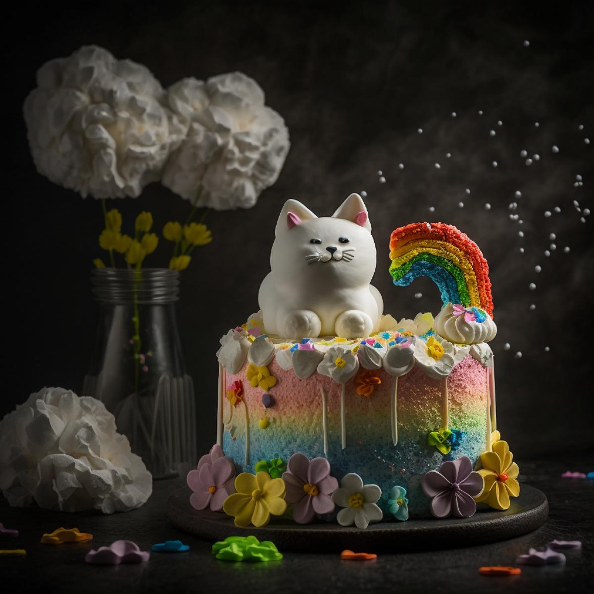 Professional studio product photography of rainbow birthday cake, cat shaped and flowers and cream and marshmallows, kicker light, high-quality, softer light, softbox light, Artificial light, bounced light, short exposure time, highly focused, elegant, correct exposure level, balanced look, detailed shot, impacting attention, sharpness, balanced color temperature, dark background, symmetrical com4k, professional highlights, different angles, professional finishing